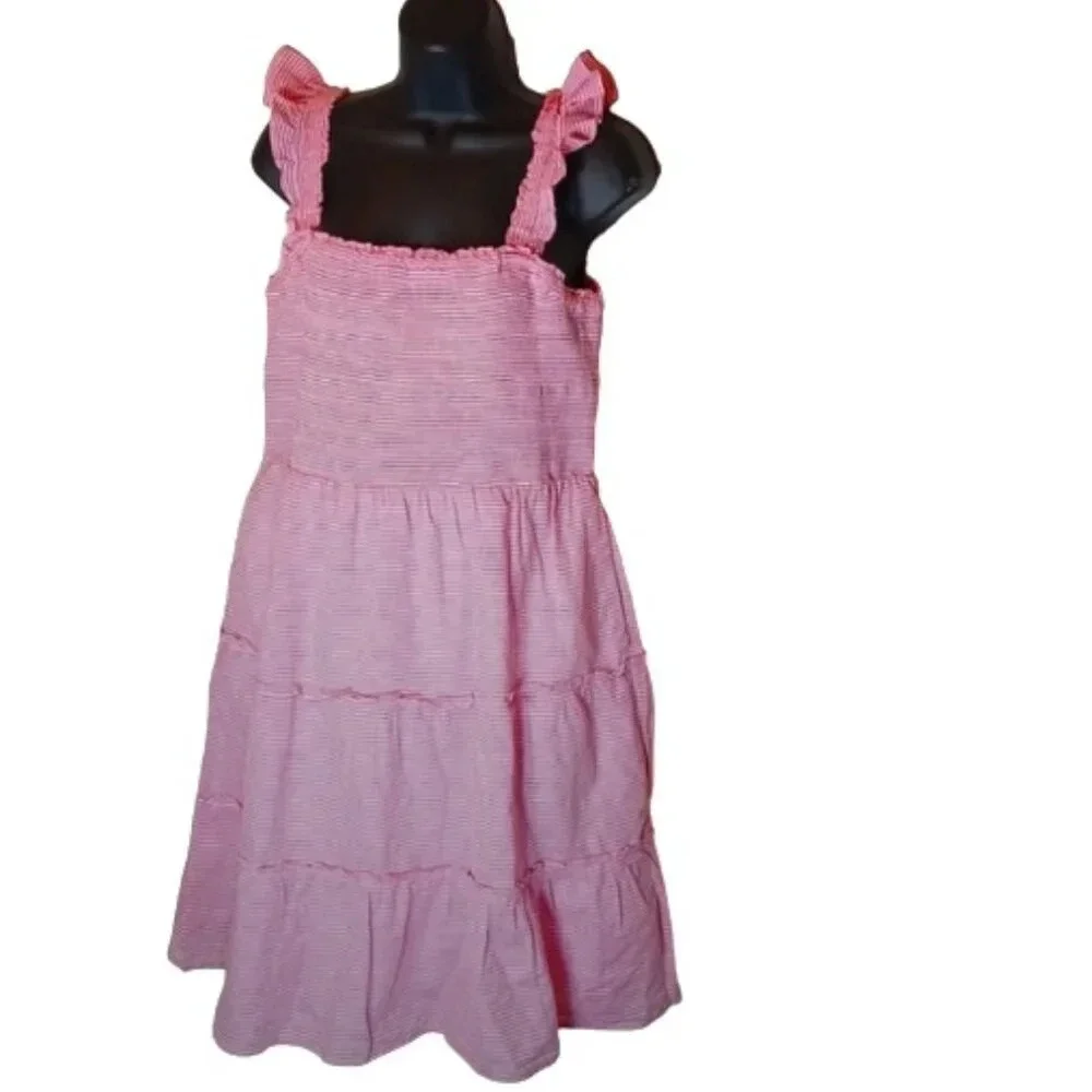 J Crew Striped smocked tiered mini dress in pink/white size Large - Picture 2 of 13